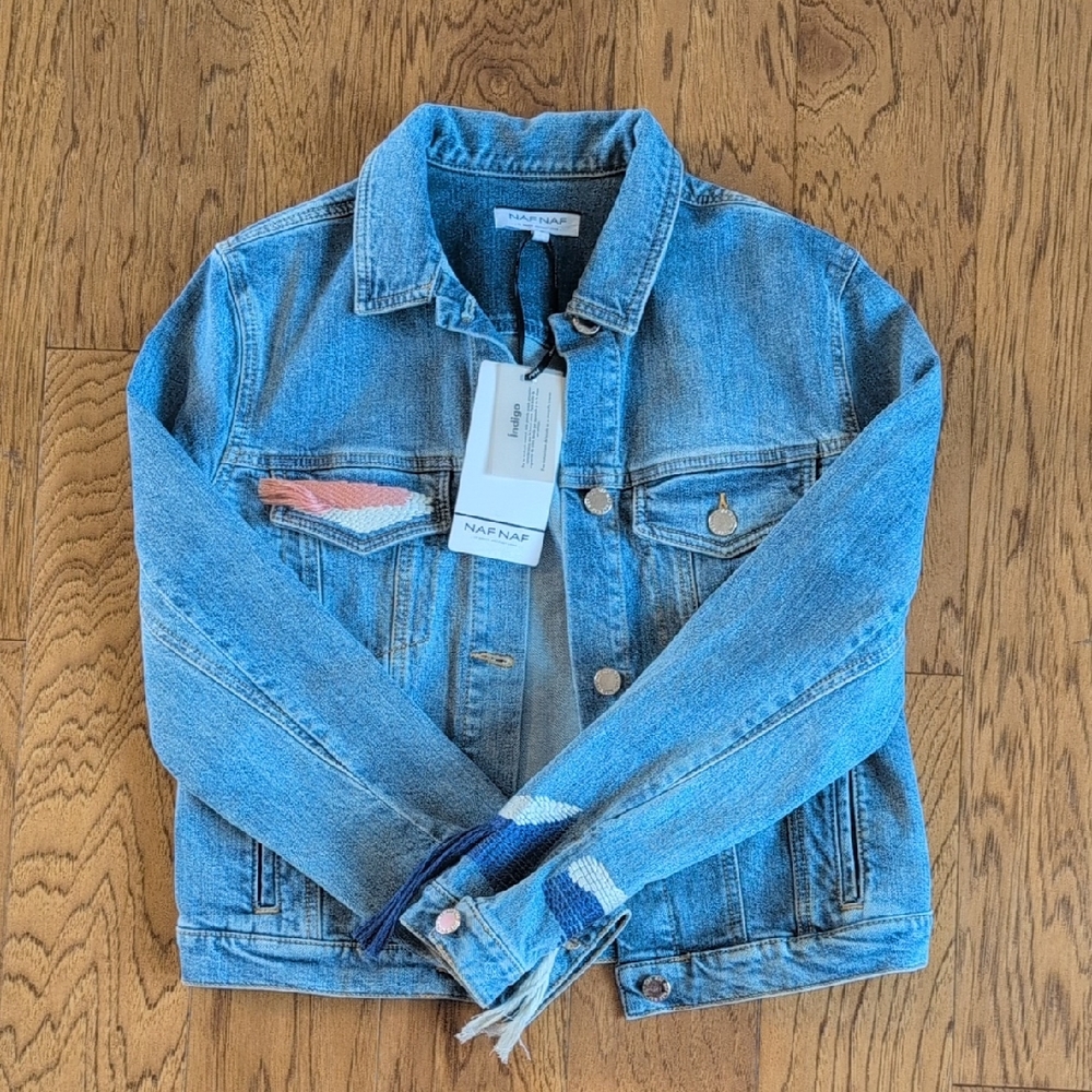 NAF NAF Blue Denim Jacket with Pink and White Accents